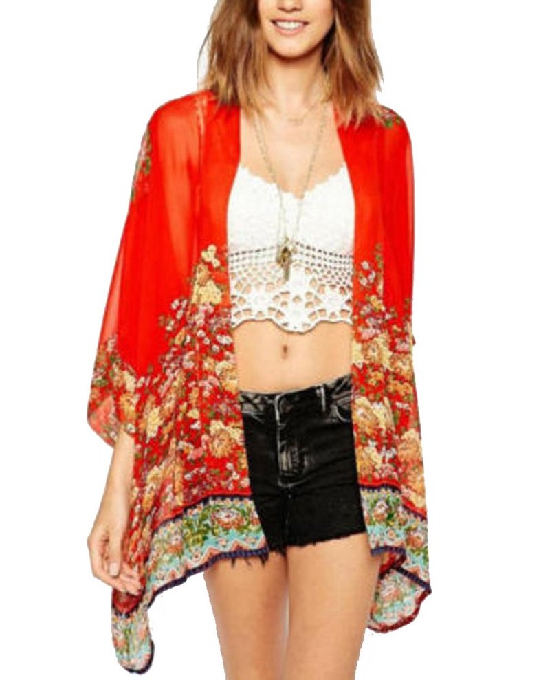 olrain Women's Floral Print Sheer Chiffon 3/4 Bat Sleeve Casual Loose Kimono Cardigan Capes (X-Large, Red) - Image 1